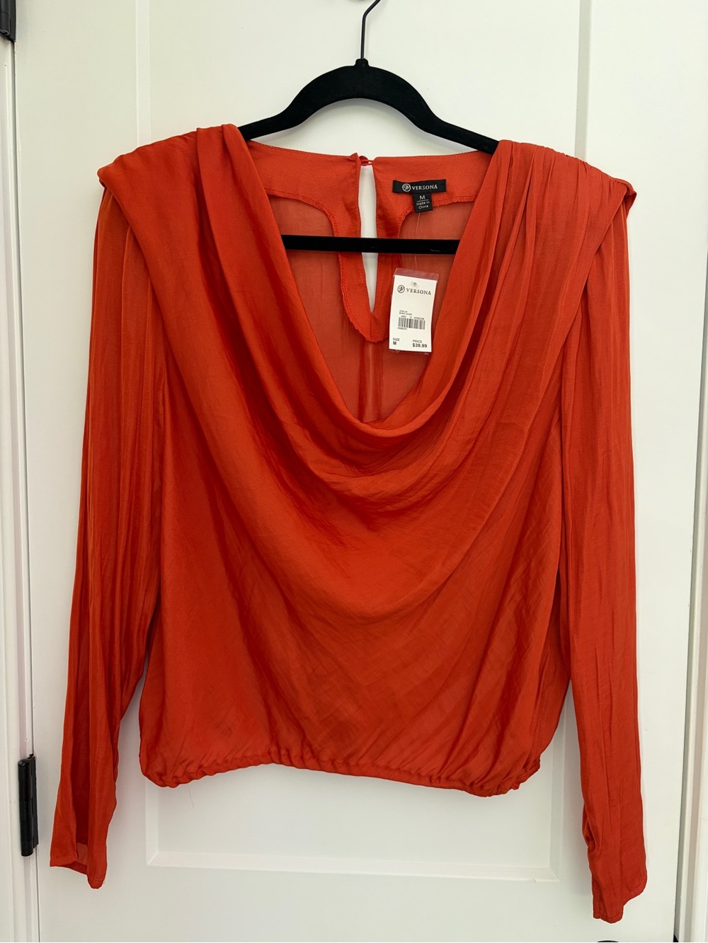 Silky Fall Draped Cowl-Neck Long-Sleeve Top - Orange